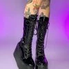 Pleasers Shoes Demonia Swing Patent Black Chain Knee-High Boots