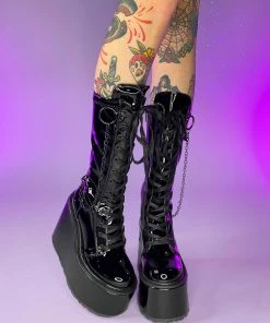 Pleasers Shoes Demonia Swing Patent Black Chain Knee-High Boots
