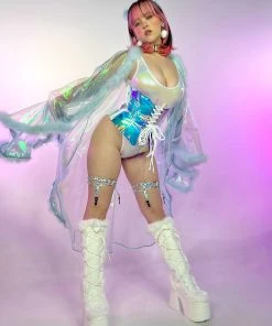 J. Valentine Pink Ice/White Vinyl Holographic Corset Waist Cincher New