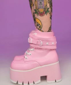 Pleasers Demonia Ashes Baby Pink Fuzzy Cuff Boots Shoes