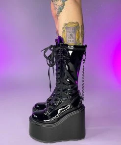 Pleasers Shoes Demonia Swing Patent Black Chain Knee-High Boots