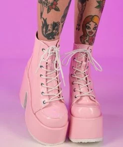 Pleasers Shoes Demonia Holo Pink Lace-Up Ankle Boot
