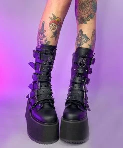 Pleasers Shoes Demonia Matte Black Studded Mid-Calf Platform Boots
