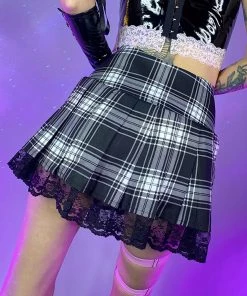 AE Womens Ribbon And Lace Gray Plaid Harajuku Mini Skirt