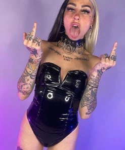 AE New Hug Me Tight Black Vinyl PU High Cut Bodysuit