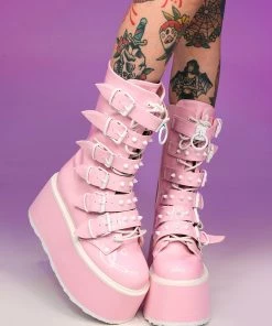 Pleasers Demonia Holo Pink Damned Mid-Calf Boots Shoes