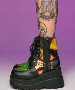 AE Golden Viper Black Platform Boots Womens