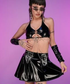 Bodyzone Sugar Baby Black Chain Pleated Skirt New