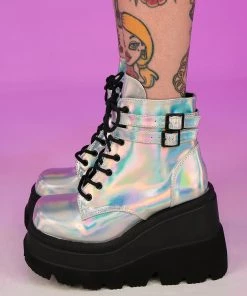 Pleasers Demonia Holo Silver Stacked Platform