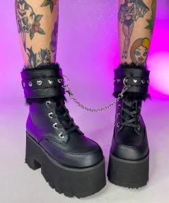 Pleasers Demonia Ashes Black Fuzzy Cuff Boots Shoes