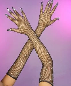 Leg Avenue New Black Rhinestone Fishnet Long Gloves