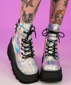 Pleasers Demonia Holo Silver Stacked Platform