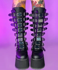 Pleasers Demonia Damned Matte Black Knee High Boots Shoes