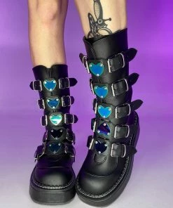 Pleasers Demonia Emily Vegan Leather Heart-Buckle Boot Womens