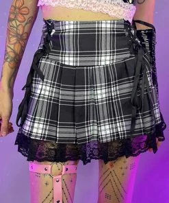 AE Womens Ribbon And Lace Gray Plaid Harajuku Mini Skirt
