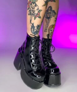 Pleasers Demonia Black Patent Lace-Up Platform Ankle Boots Shoes