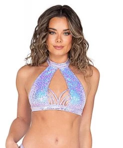 Roma Astro Candy Halter Neck Sequin Top Cropped Top With Strap Detail