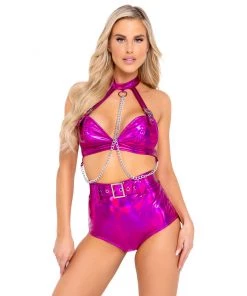 Roma Hot Pink Holo Foil Belted Shorts