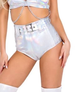 Roma Silver Holo Foil Belted Shorts