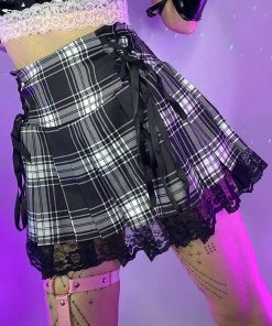 AE Womens Ribbon And Lace Gray Plaid Harajuku Mini Skirt