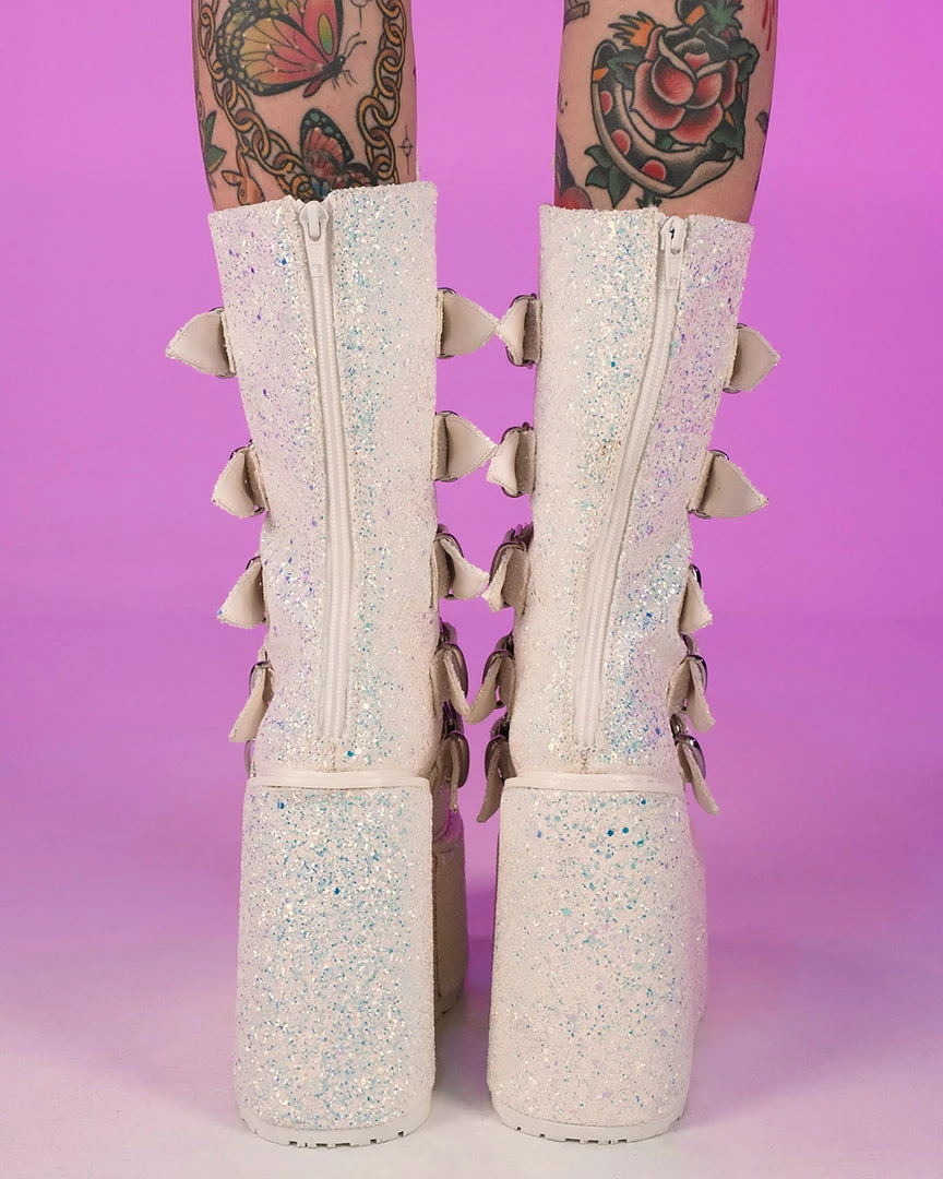 Pleasers Demonia White Multi Glitter Platform Mid-Calf Boots 4 Pleasers Demonia White Multi Glitter Platform Mid-Calf Boots