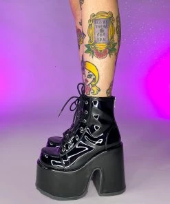 Pleasers Demonia Black Patent Lace-Up Platform Ankle Boots Shoes