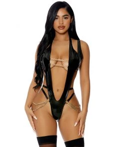 Forplay Link'd Up Black Vinyl Bodysuit