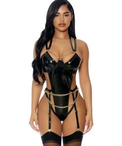 Forplay Chain Of Command Black Vinyl Bodysuit New