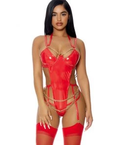 Forplay Chain Of Command Red Vinyl Bodysuit