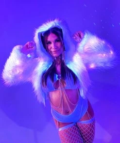 J. Valentine White Furry Pink LED Cropped Hooded Rave Jacket New