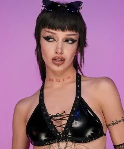 Bodyzone Sugar Baby Black Grommet And Lace Halter Top