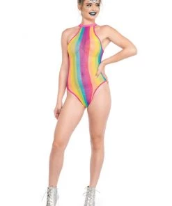 Leg Avenue Womens Rainbow Mesh Fishnet Rave Bodysuit