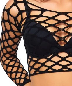 Leg Avenue Pothole Fishnet Long Sleeved Rave Crop Top Womens