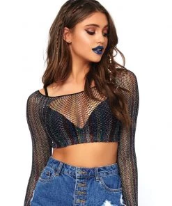 Leg Avenue Rainbow Lurex Glitter Long Sleeve Rave Crop Top