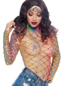Leg Avenue Rainbow High Neck Fence Net Long Sleeved Bodysuit