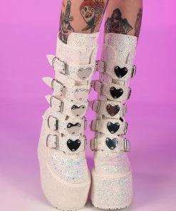 Pleasers Demonia White Multi Glitter Platform Mid-Calf Boots