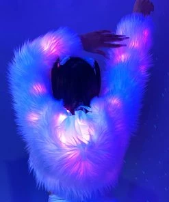 J. Valentine White Furry Pink LED Cropped Hooded Rave Jacket New
