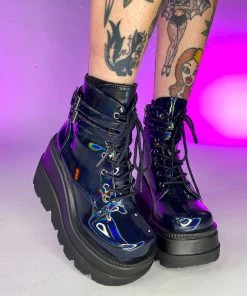 Pleasers Demonia Holographic Black Stacked Platform Ankle Boots Shoes