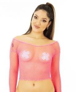 Music Legs Womens Diamond Fishnet Long Sleeve Crop Top