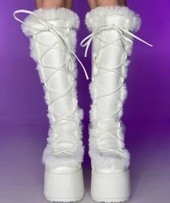 Pleasers Shoes Demonia White Furry Winter Faux Fur Boots