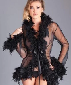 Be Wicked Lady Love Sheer Short Robe With Boa Feather Trim