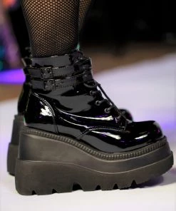 Pleasers Shoes Demonia Black Patent Stacked Platform Ankle Boots