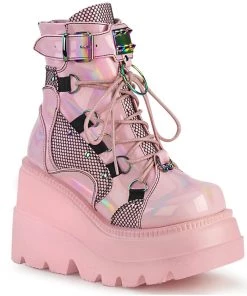 Pleasers Shoes Demonia Shaker Baby Pink Hologram Wedge