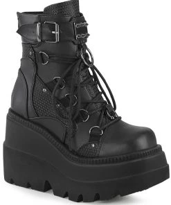 Pleasers Shoes Demonia Shaker Black Vegan Wedge Platform