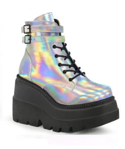 Pleasers Demonia Holo Silver Stacked Platform
