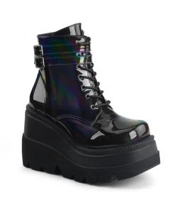 Pleasers Demonia Holographic Black Stacked Platform Ankle Boots Shoes