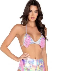 Roma New Astro Candy Shiny Bikini Top With Fringe Detail