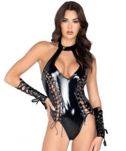 Roma Womens Calling The Shots Cutout Vinyl Lace-Up Romper