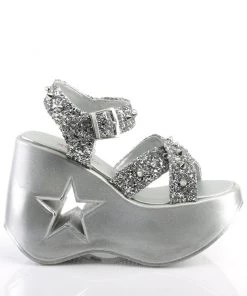 Pleasers Demonia Silver Glitter Star Platform Wedge Sandals Swimwear