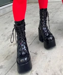 Pleasers Streetwear Demonia Hook 'n Loop Black Patent Mid-Calf Platform Boots